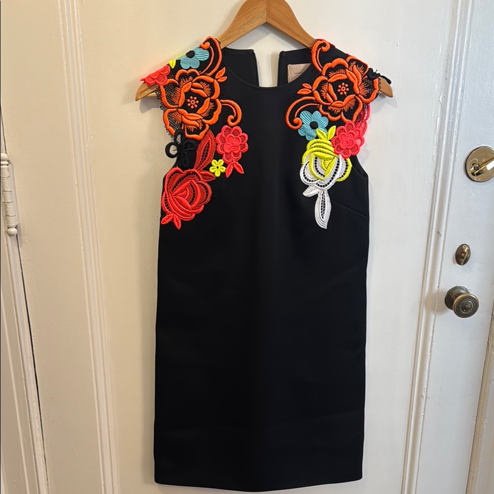 Christopher Kane Black Mini Dress with Neon Floral Appliqué